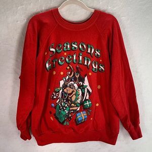 Vintage Womens Reindeer Graphic Print Red Christmas Sweater Sz Large Made In USA